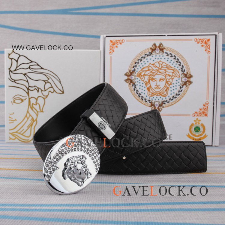 Versace Calfskin Belt Silver Head w Crystal Embellish